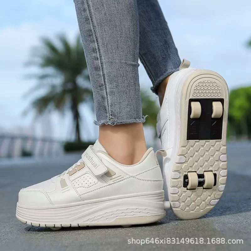 

New Walking Shoes Four-wheel Roller Skates Adult Button Shrink Student Men and Women Two-wheel Flight LACES Wheel Sneakers