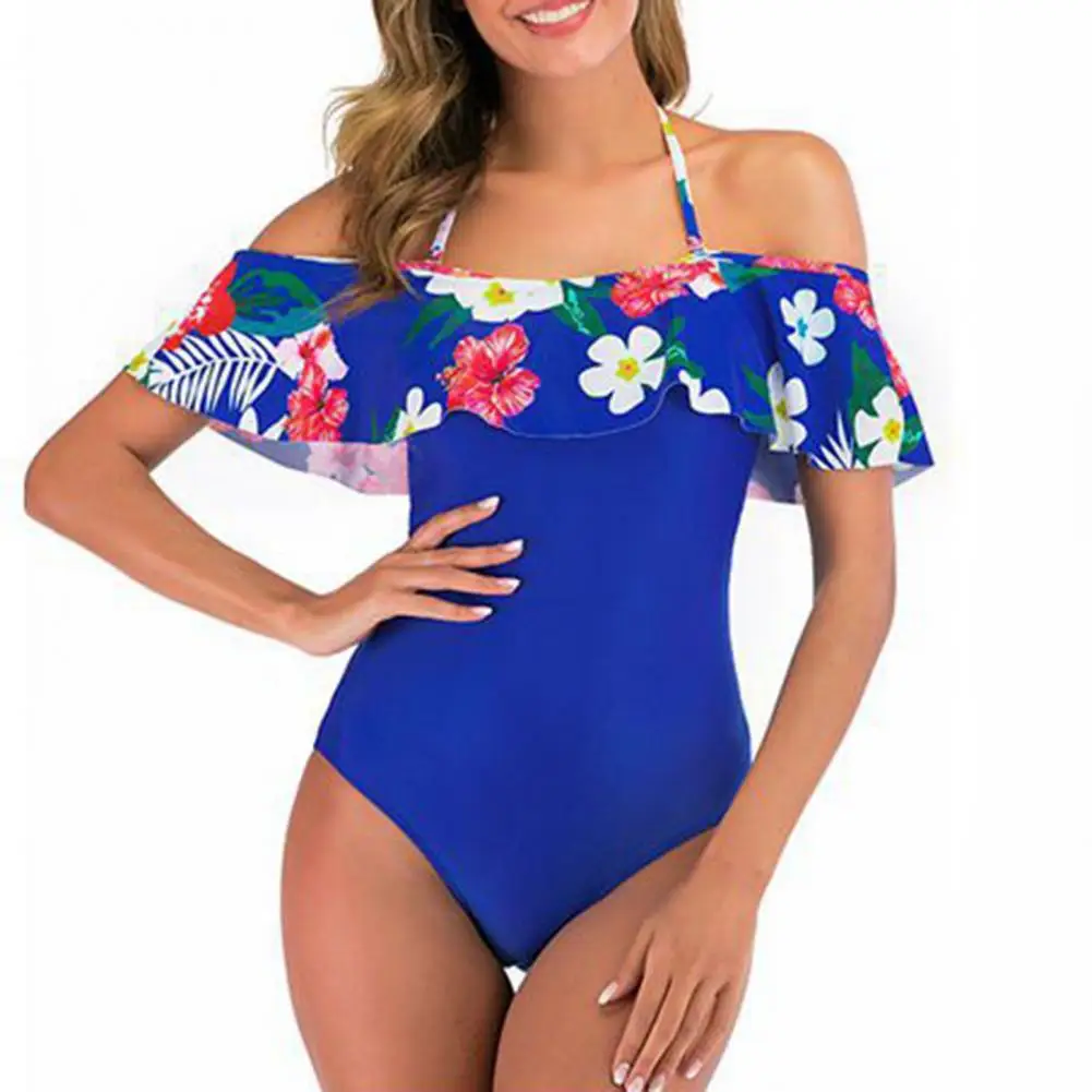 Off-shoulder Swimsuit Floral Print Off Shoulder Monokini Trim Swimsuit for S-shaped Figure Quick Drying One-piece Swimwear