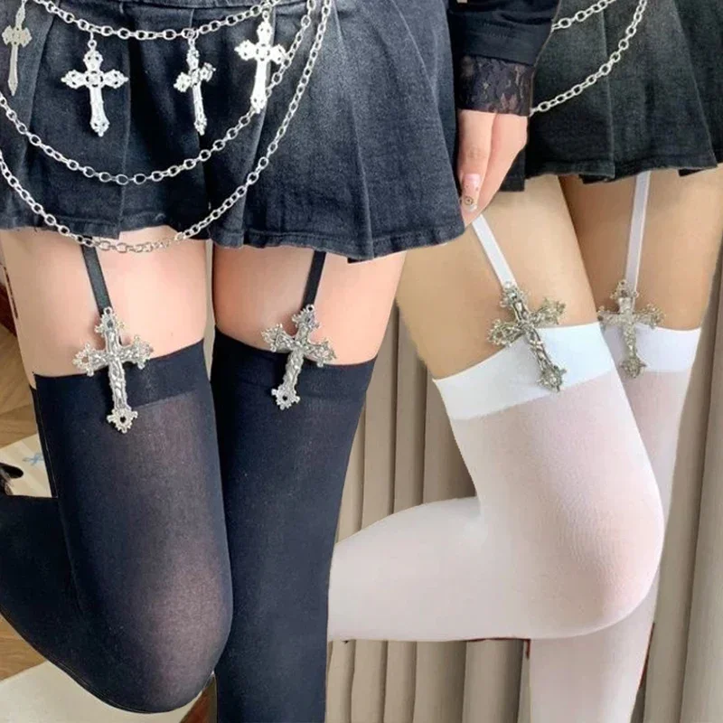 Women Suspender Thigh High Socks Y2k Gothic Cross Stockings Over Knee Black White Solid Color Hosiery Sexy Belt Lolita Pantyhose
