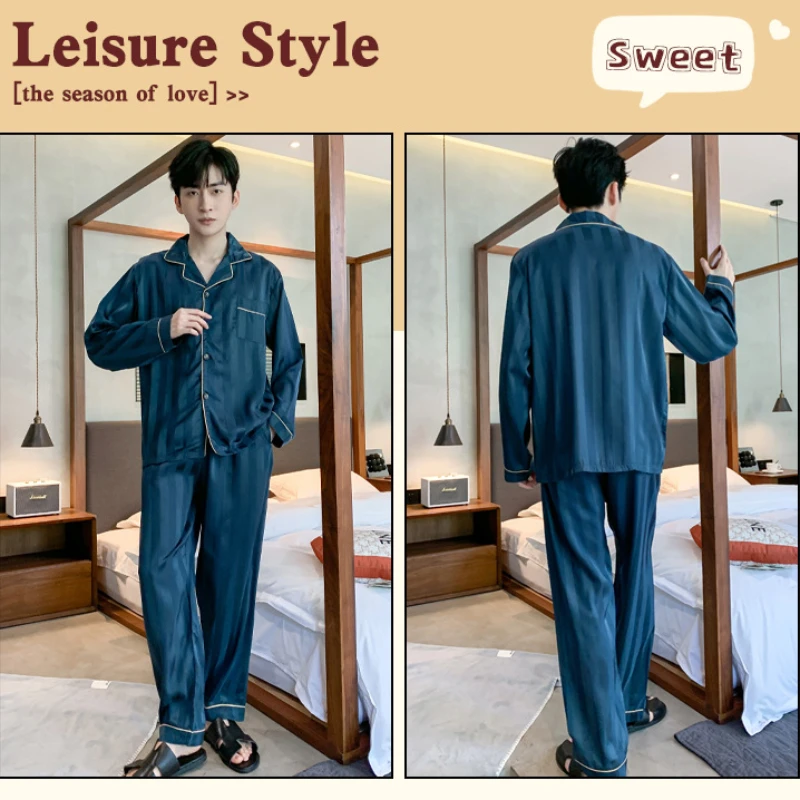 150Kg Large Size Pajamas set Men's Autumn Long Sleeve Satin Pajamas for Men Sleepwear Button Down Pjs Set Two-piece Loungewear