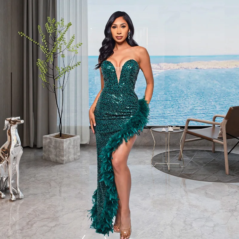 Sexy INS-Style Deep V Sheer Mesh Strapless Backless Sequins Feathers Irregular Prom Dance Bridesmaids Nightclubs Parties Dress