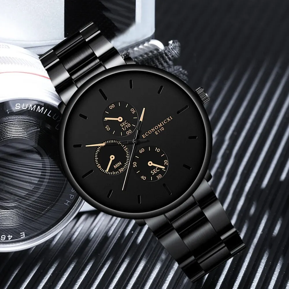 1Pcs Men's Casual Fashion Business Three Eyes Rose Needle Digital Steel Band Quartz Watch Designed For Successful Men Classic