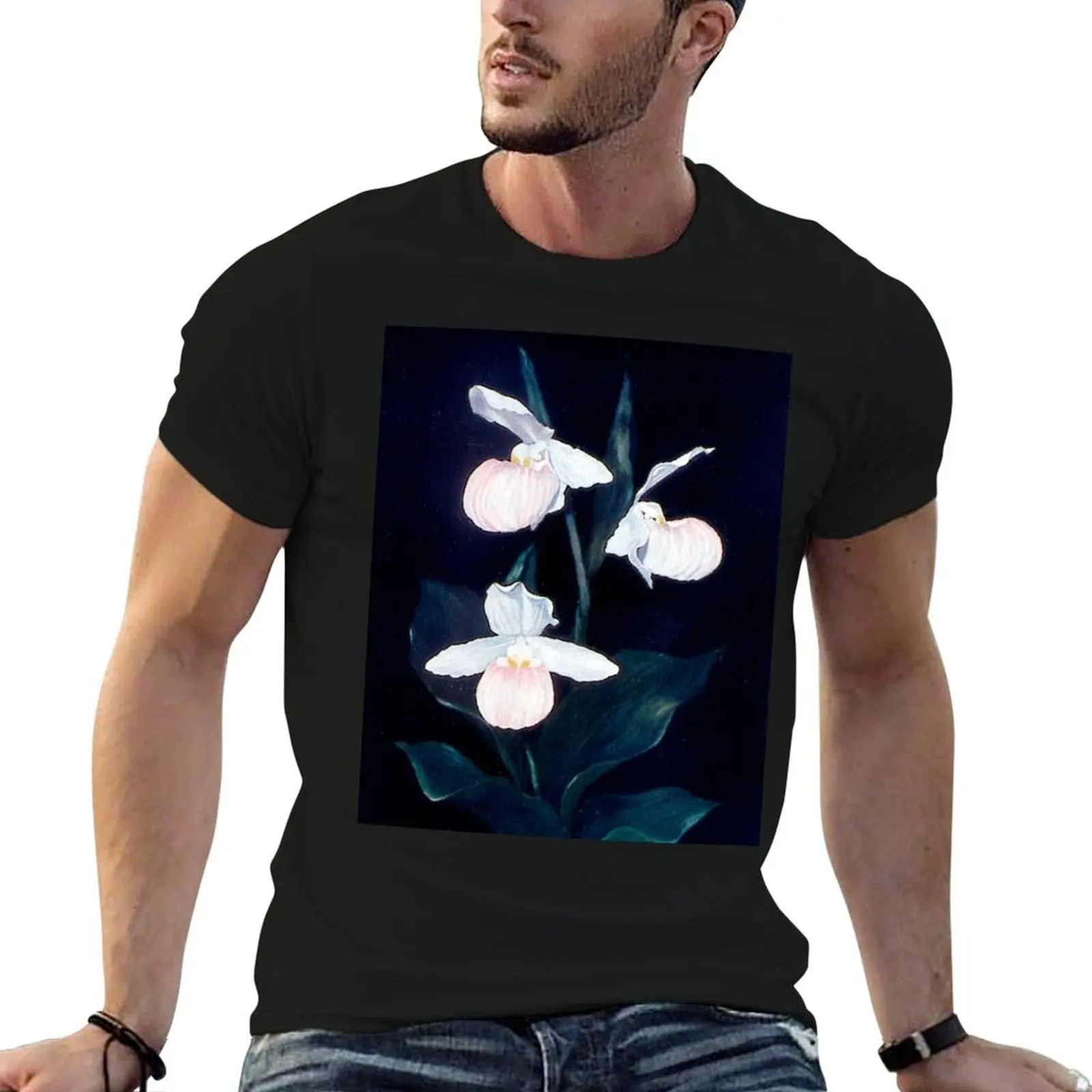 Lady Slipper Orchid on Dark Background T-Shirt basketball graphic tees heavyweights funny t shirts for men