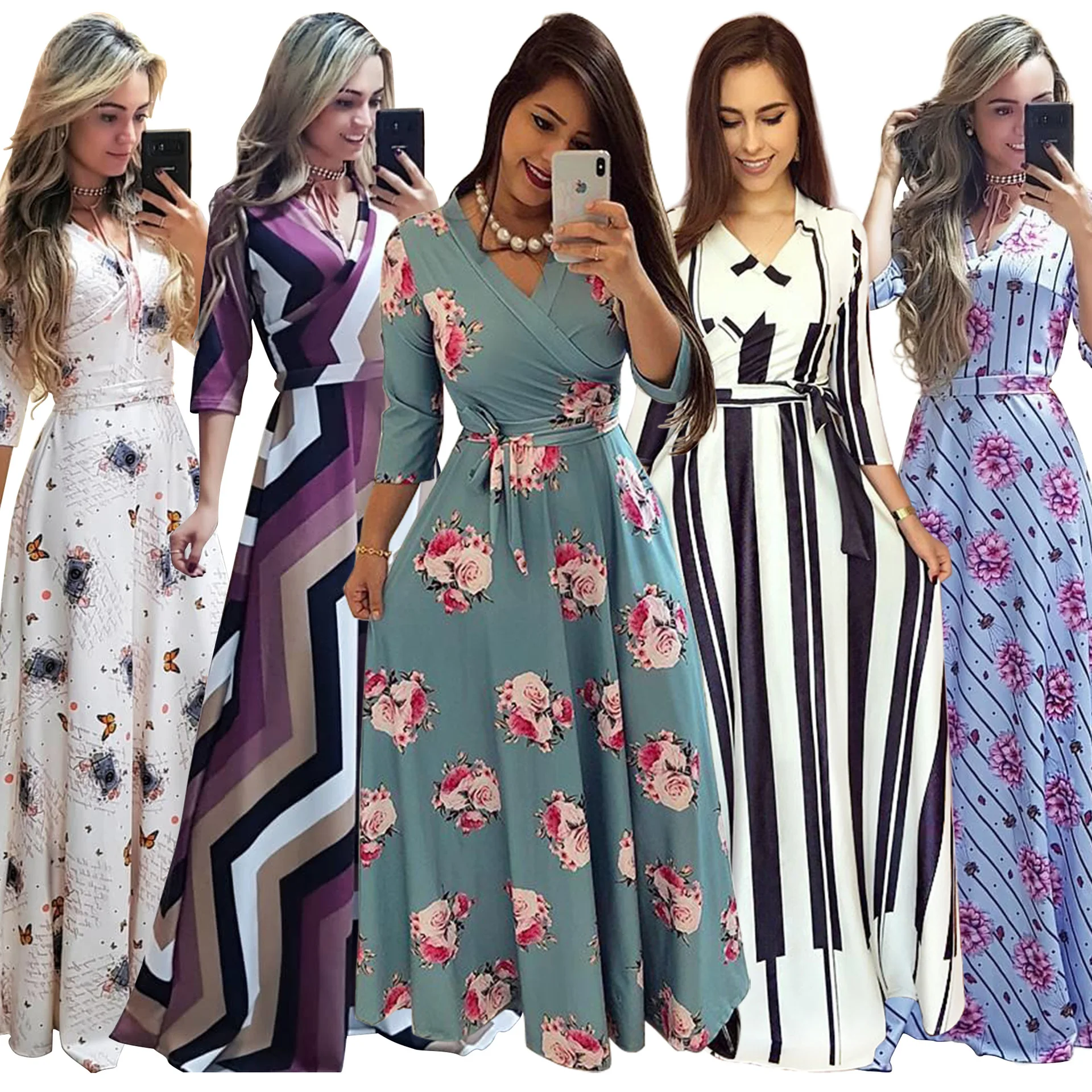 Sexy decote em v moda impressão digital vestido para mulher manga longa swing longo maxi vestido plus size roupas femininas boho vestido robe