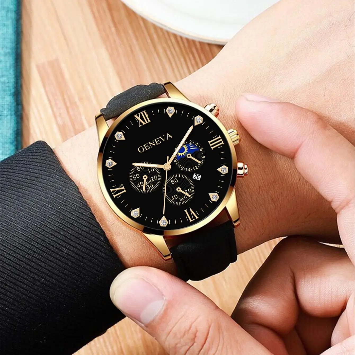 2PCS Men\'sFashion Classic Mens Watches Versatile Trend Business Calendar Belt Quartz Watch Alloy Lion Bracelet