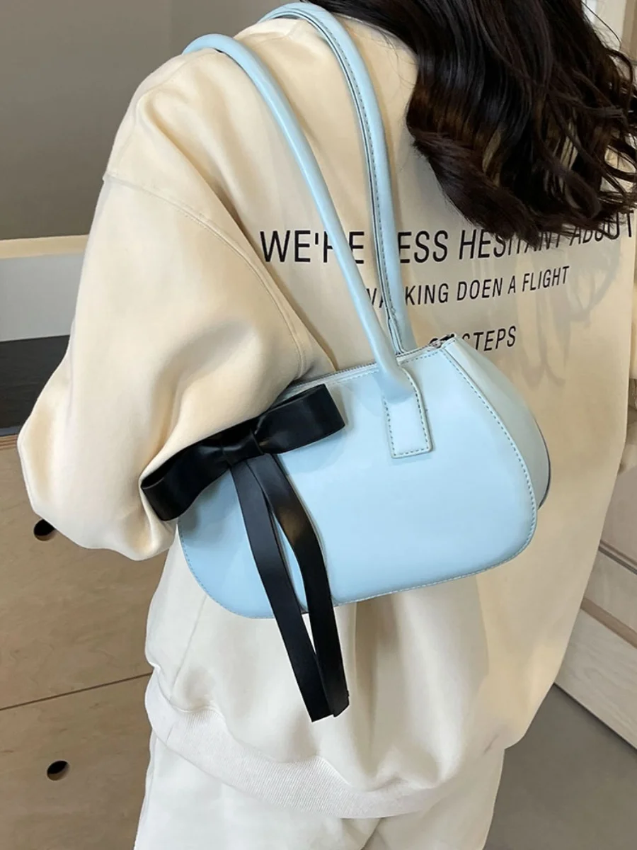 Trendy Bow Design Tote Handbags and Purses Women Shoulder Bags 2024 New Vegan Leather Ladies Casual Clutches Bag