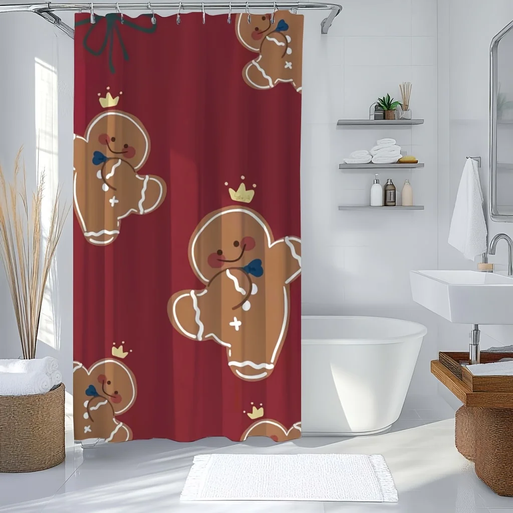 

1-Piece Gingerbread Man Shower Curtain Set - Fashionable and cute digital print with red bow decoration, polyester fabric