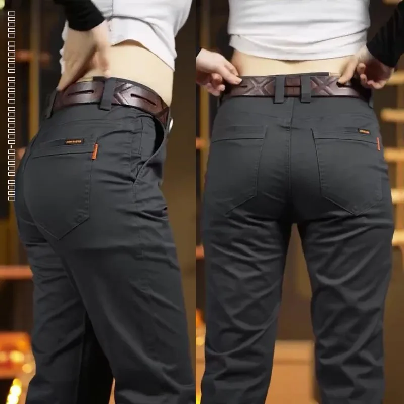 

Мужские повседневные брюки из чистого хлопка, эластичные, приталенные, прямого кроя, деловые повседневные брюки, весна-осень, новая модная версия...