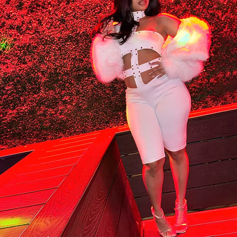 

BKLD Carnival Party Nightclub 2026 New Style 1Pcs Rompers Women's Irregular Hollow Rivet Decorative Tight Halter Jumpsuit Shorts