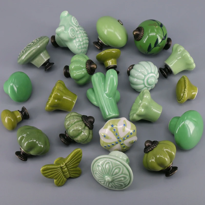 1PCS Green Ceramic Flower Owl Cactus Shaped Knob Dresser Cabinet Pulls Kitchen Door Handle Furniture Hardware with Screw
