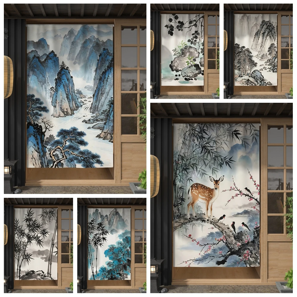 Ink-wash Landscape Painting Noren Curtain Japanese Style Linen Curtains Restaurant Kitchen Partition Single Piece Door Curtain