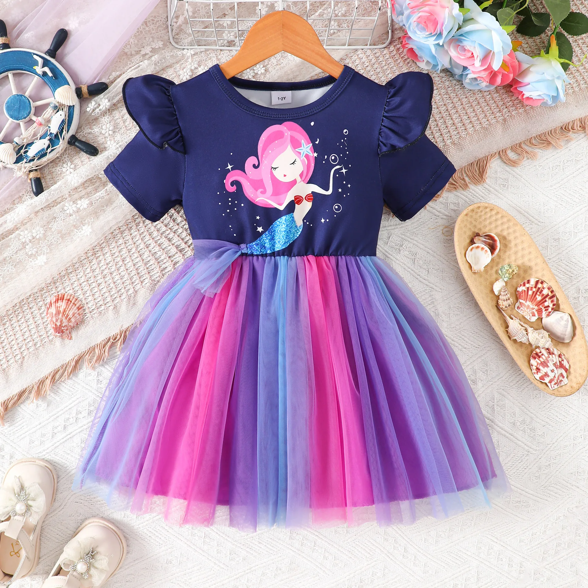 Toddler Baby Girls Summer Dress Round Neck Flutter Sleeve Cartoon Mermaid Print 3D Tulle Tail Colorful Mesh Princess Dress