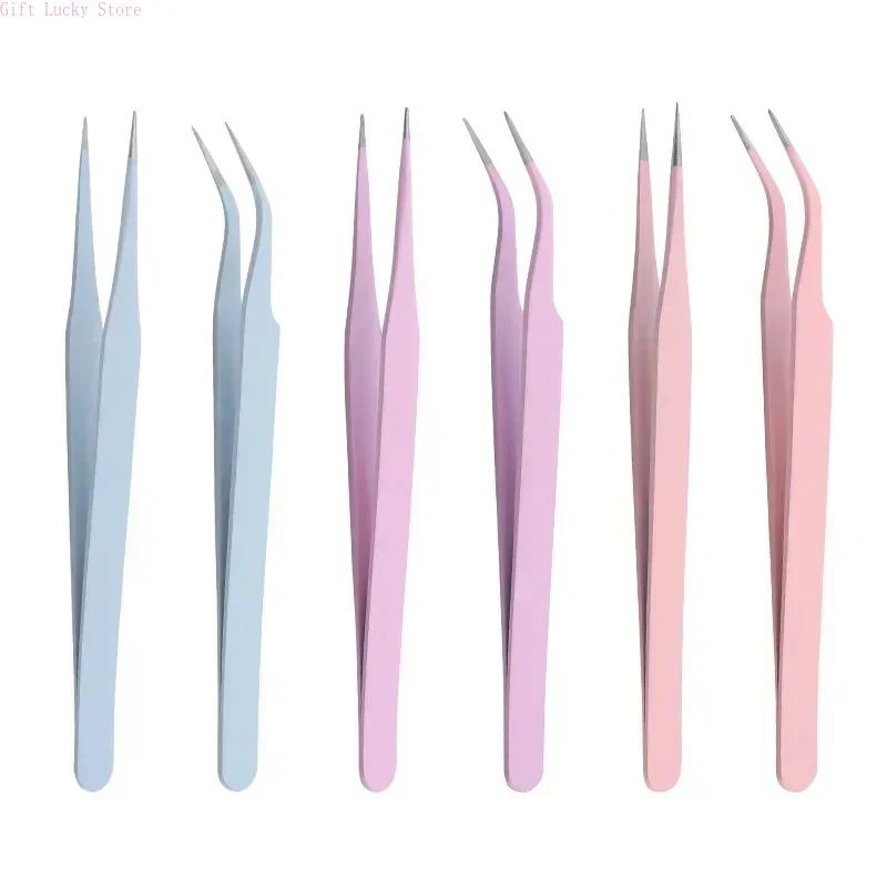 Stainless Steel Colored Straight + Curved Tweezers for Nail Art Sticker Rhinestones Picking Tool Eyelash Makeup DIY Tweezer Tool
