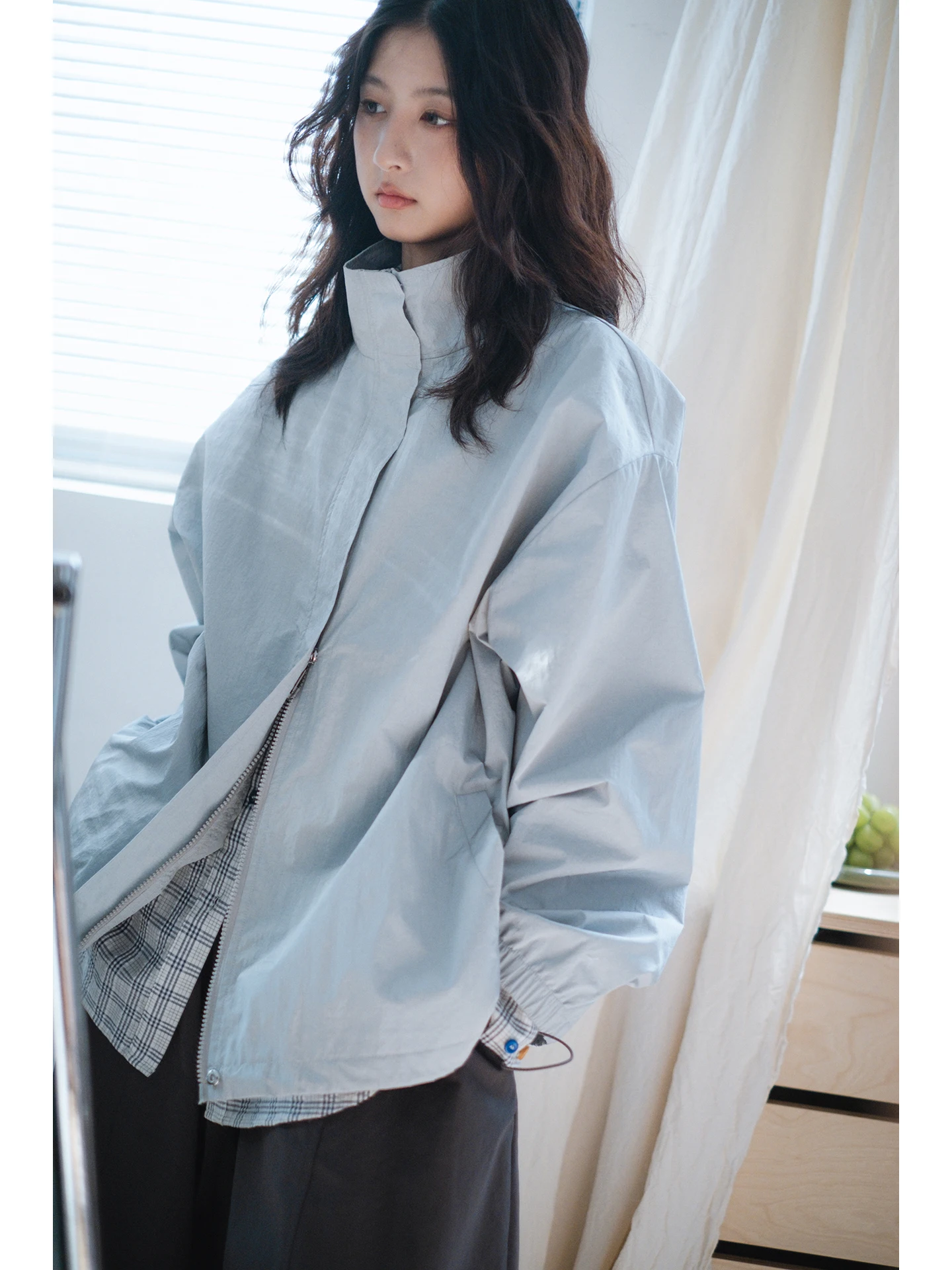 

mat Cool Sle Women's Jaet Loose Long Sve Stand Collar Waist-Cinched Autumn Outerwear Nylon Fabric Faion Ladies