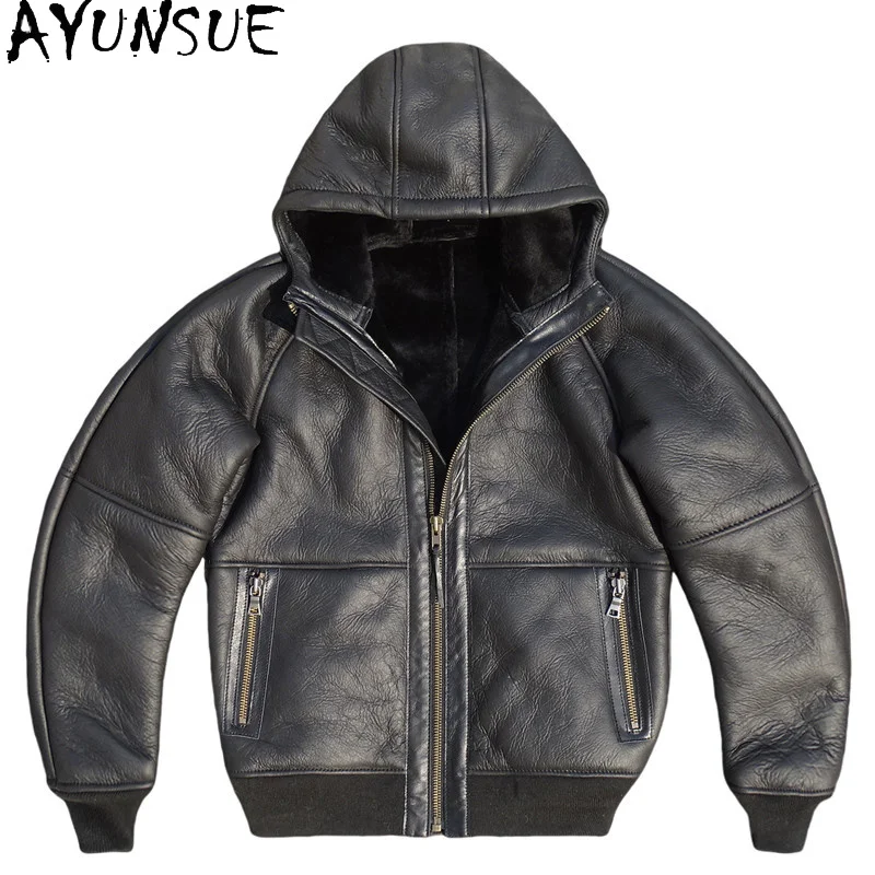 

AYUNSUE Natural Fur Coat Man Hooded Winter 2025 Warm Genuine Sheepskin Leather Jacket Men Short Men's Clothes Leather Fur Coats