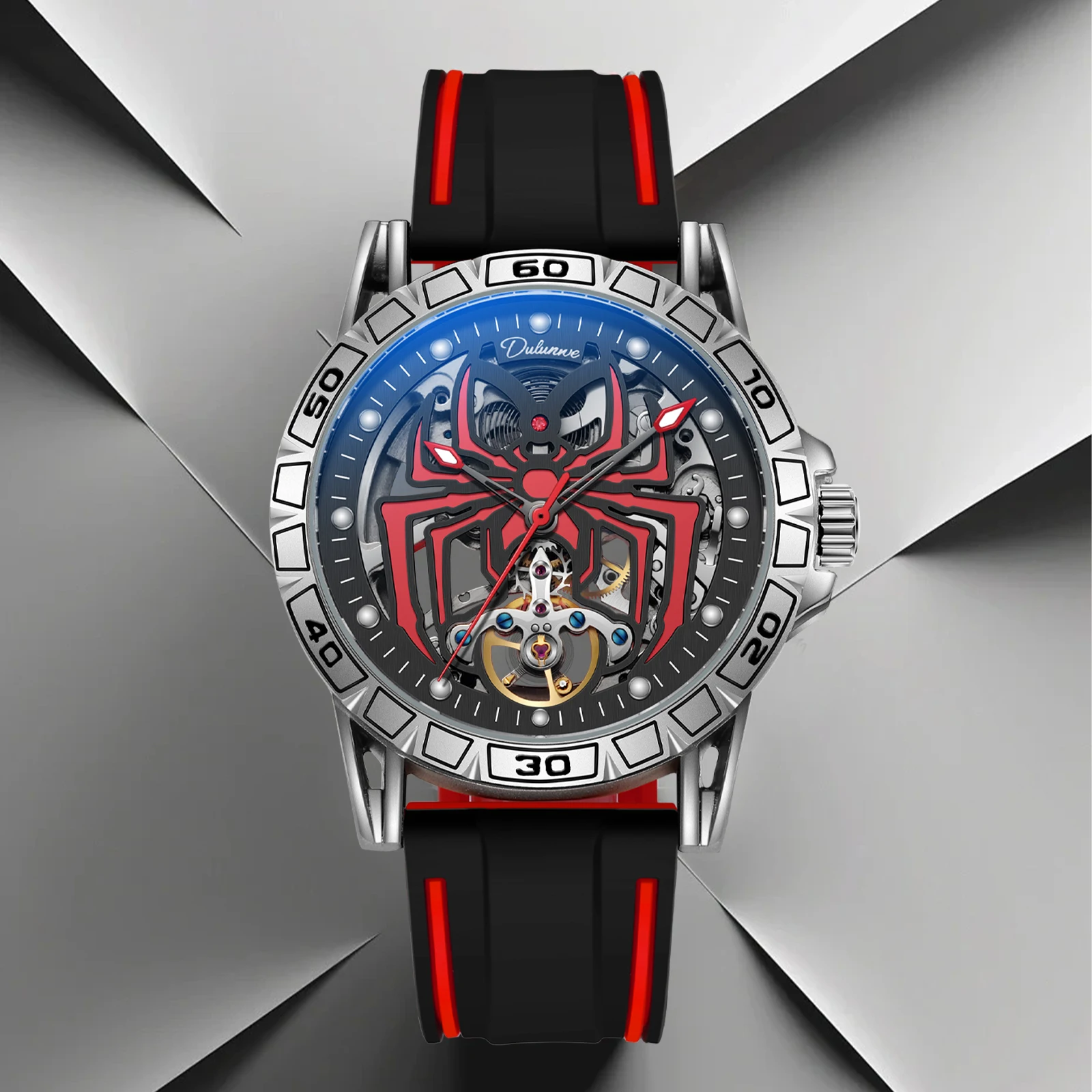 

Dlunwe автоматические часы для мужчин, модные роскошные красные пауки, светящийся циферблат, полый турбийон, механические наручные часы, 30 м, водонепроницаемые