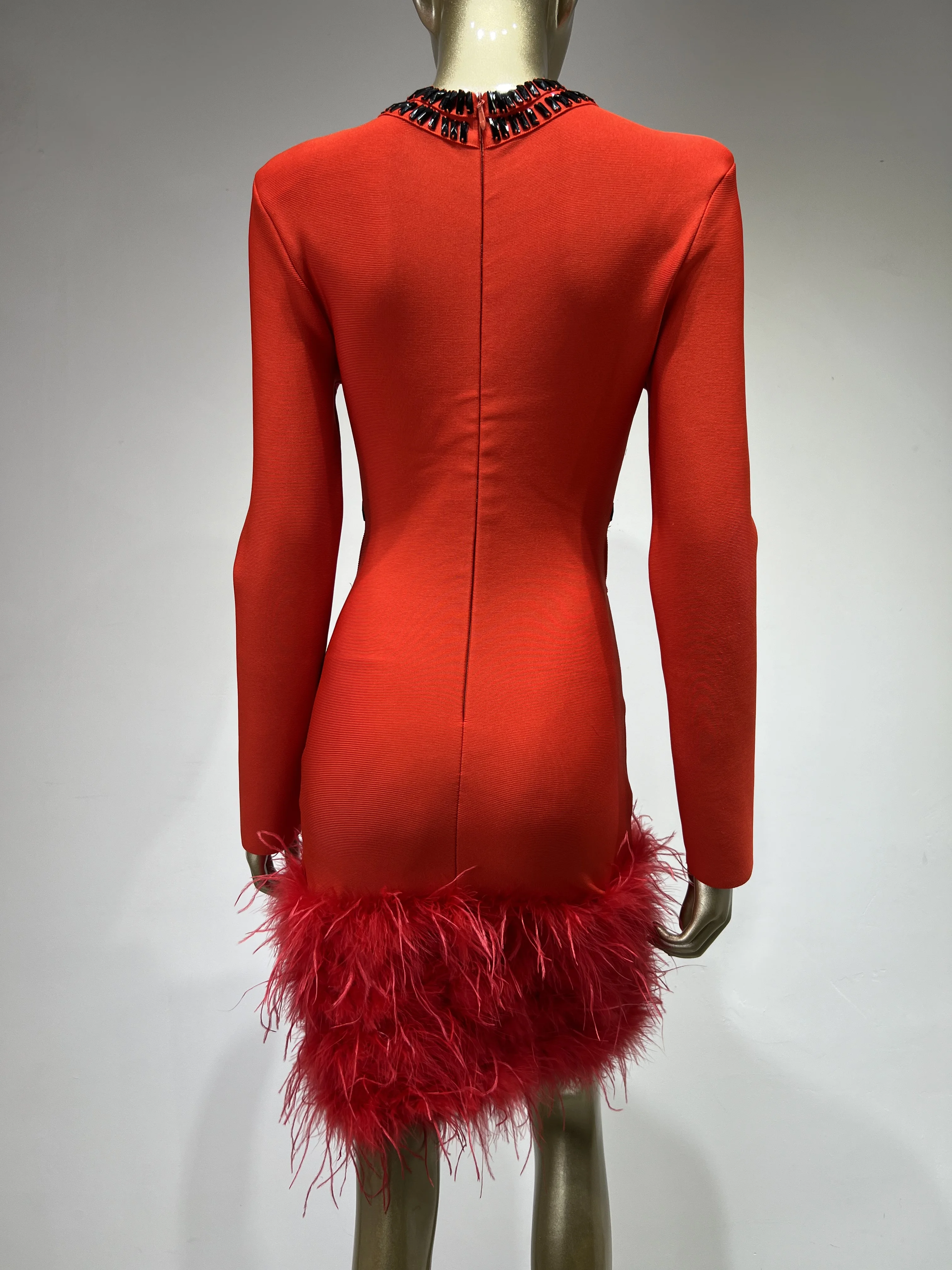 Robe de Soirée Sexy à Manches sulfpour Femme, Tenue Élégante avec Perles et Plumes, Découpée, Rouge, Mini Batterie, 2023