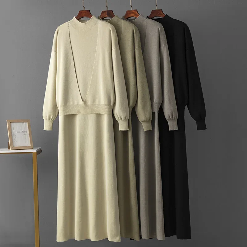 Fashion Women Woolen Dress Suit Autumn Sleeveless Knit Long Dress with Long Sleeve Deep V-neck Suit Women Two-piece Set Elegant