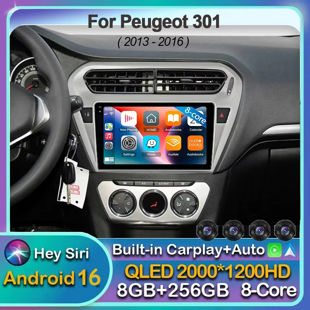 Android 16 Carplay Auto Car Radio For Peugeot 301 For Citroen Elysee 2013 - 2018 Multimedia Player Stereo WIFI+4G 360 Camera DSP
