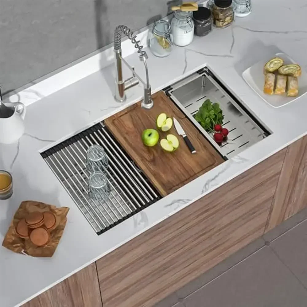 Estação de trabalho para pia de cozinha de aço inoxidável de 30 '', tigela única de calibre 16 com acessórios, tecnologia de proteção sonora moderna
