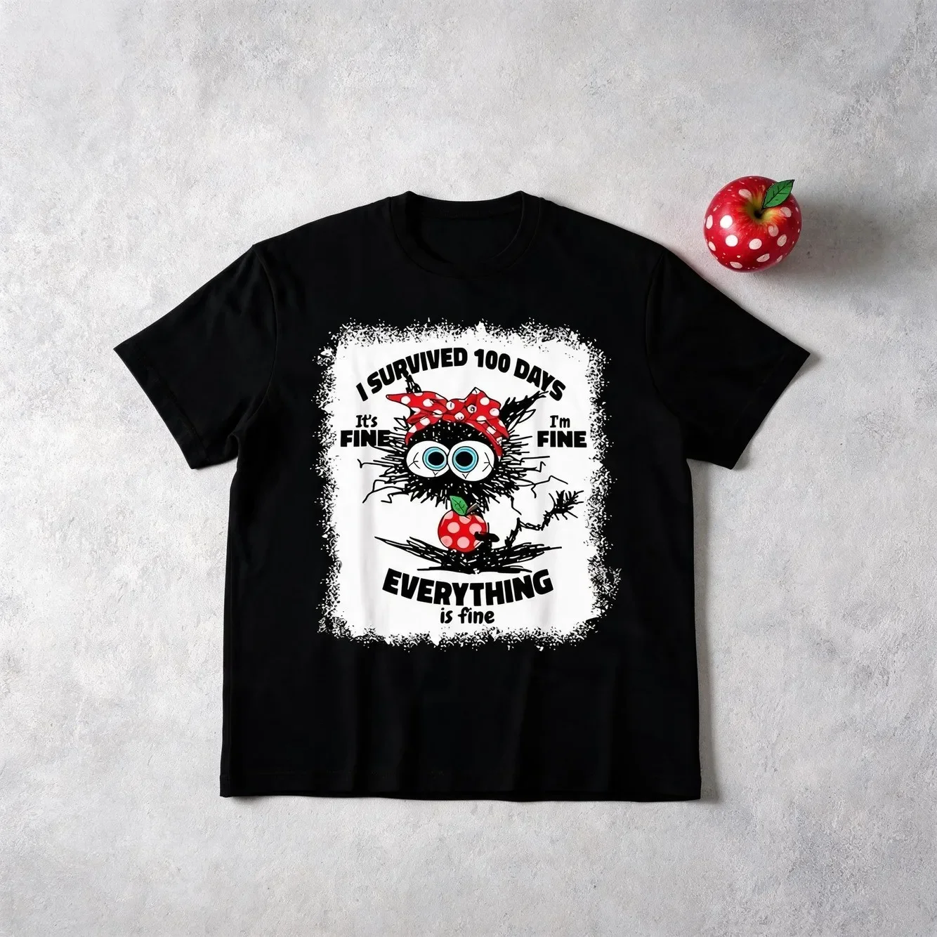 Camiseta Unisex Estampada de Manga Corta para Hombre y Mujer, Estilo Verano 2025, 220G, Diseño "Cat 100 Days Of School Its Fine Im Fine Gift"