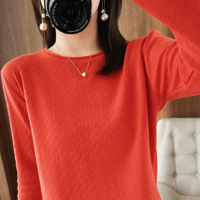 Women 100% Cotton Sweater Curled Round Neck Knitted Pullover Diamond Grid Soft Clothing Long Sleeve Bottoming Tops Autumn Winter