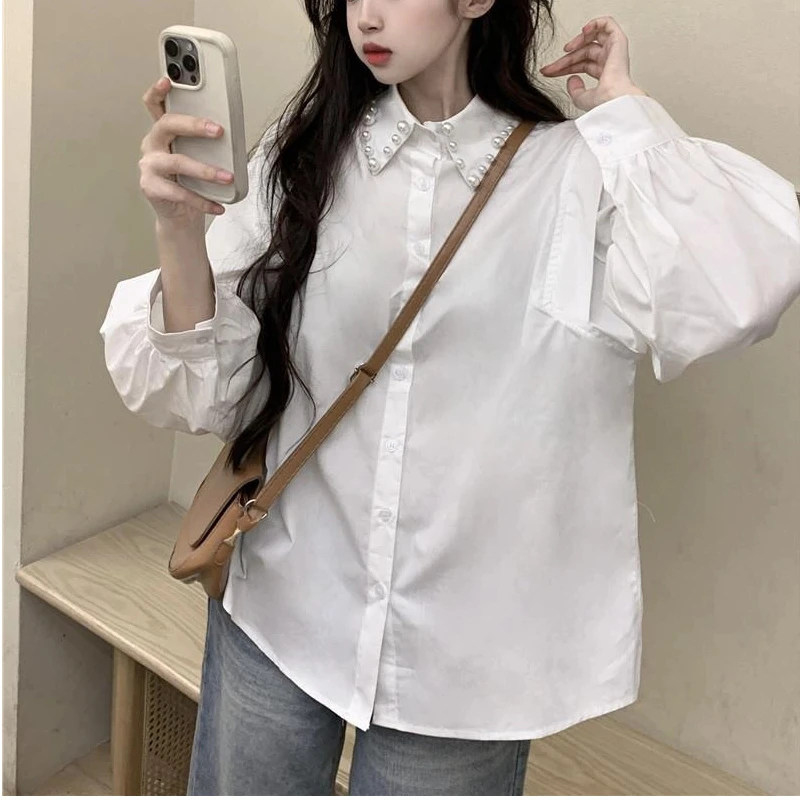 

Корейская однотонная молодежная блузка с длинным рукавом и воротником-поло, универсальная модная рубашка, топы, весенне-осенняя новая милая женская одежда в ленивом стиле