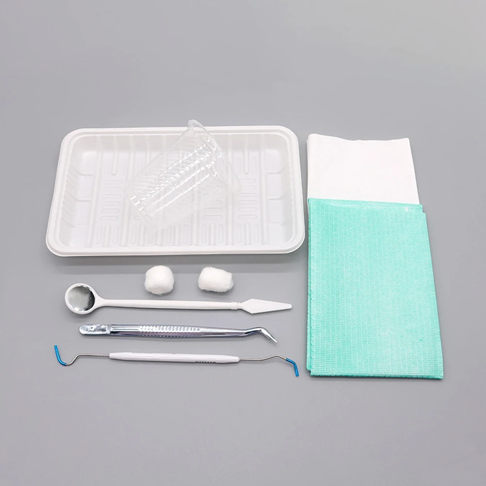 

30 комплектов одноразовых наборов для ухода за зубами включает стоматологический пинцет, лоток, стоматологическое зеркало, стоматологический зонд, стоматологический нагрудник, ватный шарик