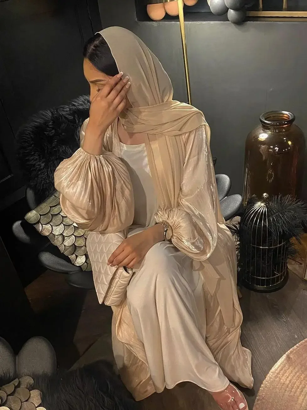 

Eid Djellaba Abaya Dubai Shiny Soft Cuff Sleeves Muslim Dress Silky Kimono Dubai Turkey Muslim Dress Islam Abayas With Belt