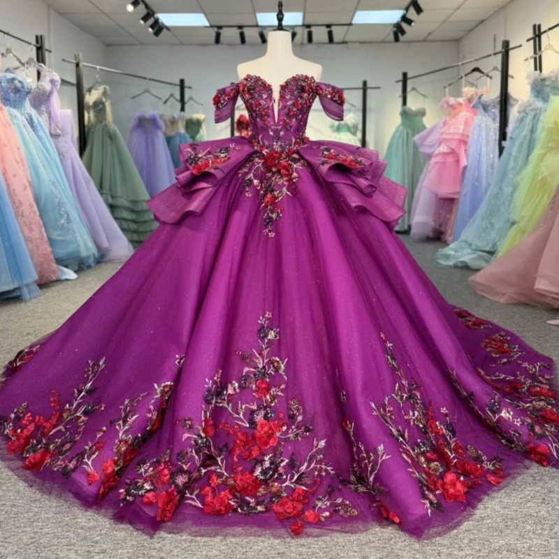 

Purple Shiny Quinceanera Dresses Off The Shoulder Applique Flower Beading Crystal Tull Party Birthday Sweet 16 Dress Vestidos 15