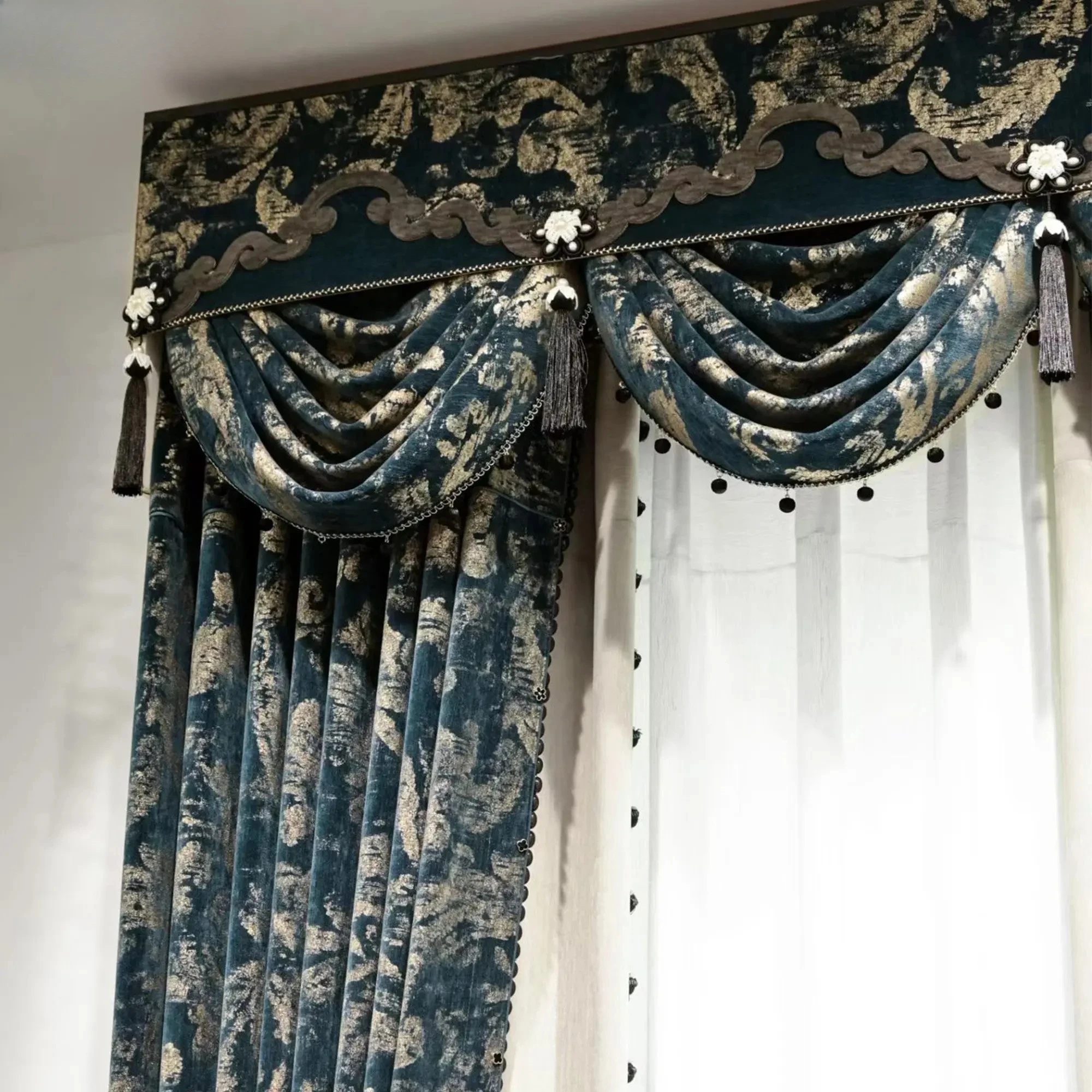 New Vintage American Flannelette Blue Jacquard Thickened Curtains for Living Room Bedroom French Window Villa Customized Valance