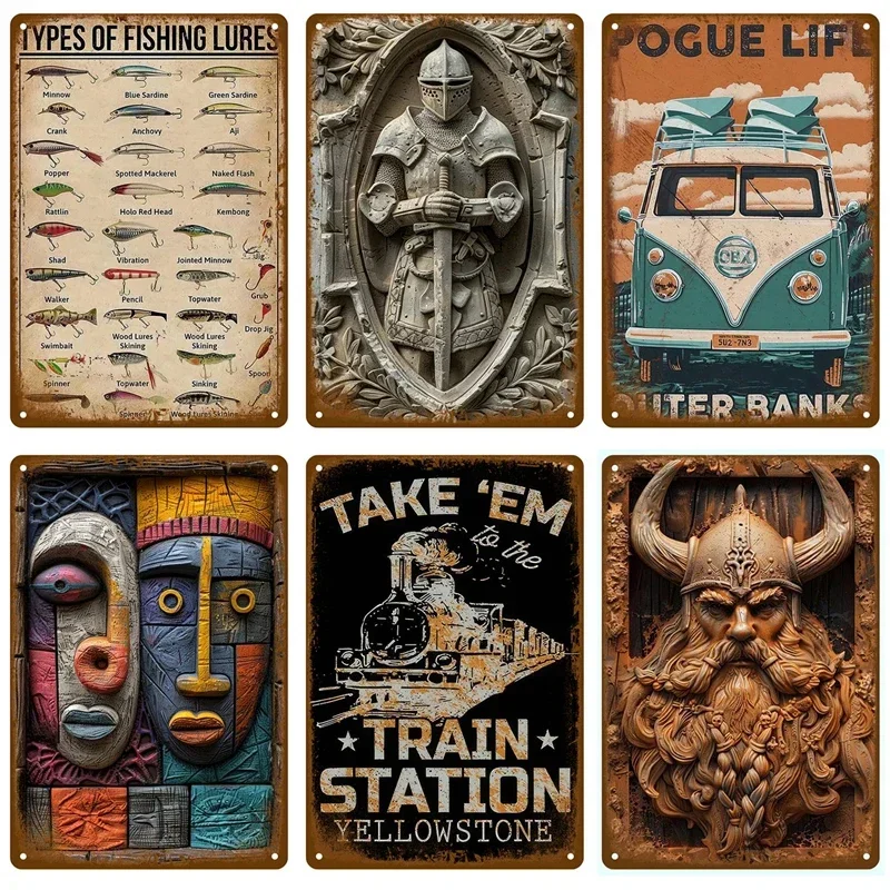 Vintage Fishing Lures Knight Pogue Life Van Yellowstone Train Viking Abstract Mask Metal Tin Signs Retro 3D Effect Rustic Iron Plaque Wall Decor for Garage Bar Man Cave Home Wall Art Gift For Outdoor Hobby Lovers