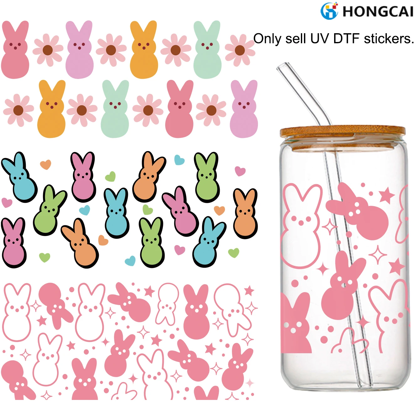 

3 Adorable Bunny UV DTF Stickers Fresh and soothing color palette Compatible with various glass materials