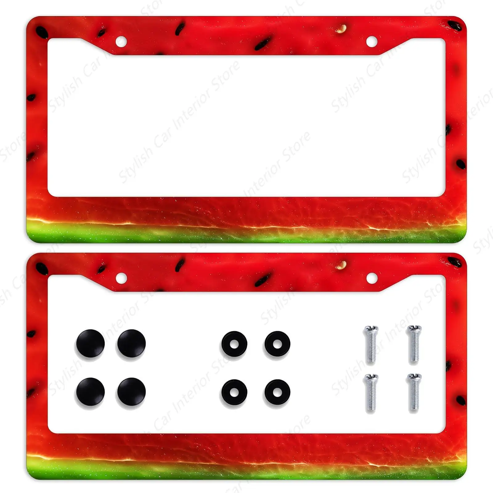 2Pcs Watermelon License Plate Frame Summer Red Fruit Cartoon Car Front License Plate Personalise Stainless Steel Funny License