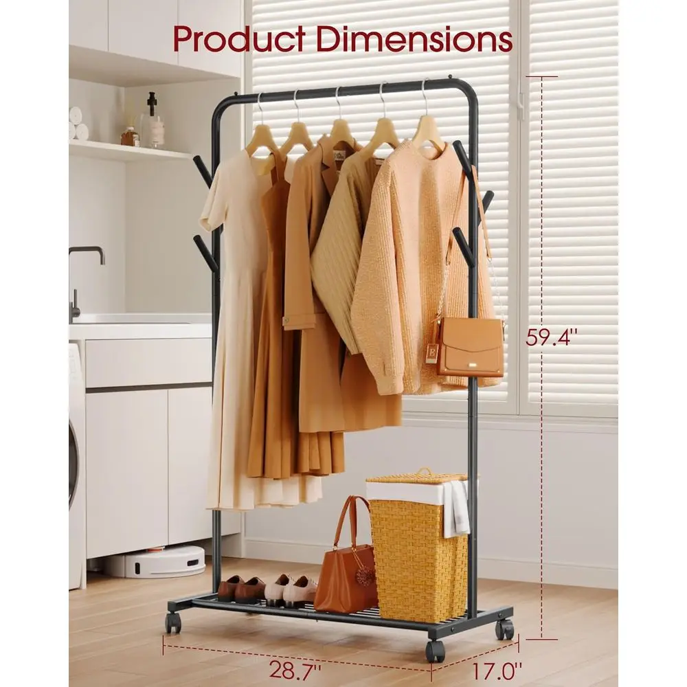 Perchero Metálico con Estante Inferior, Perchero Portátil, 6 Varillas Laterales, Perchero con Ruedas para Colgar Ropa, Dormitorio, Lavadero