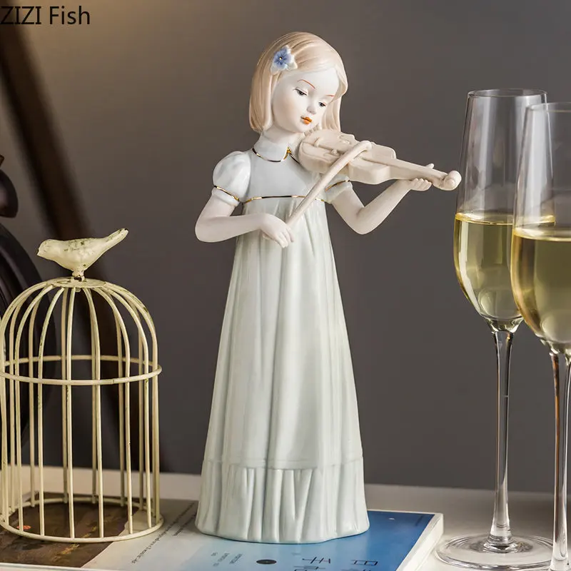 

Cute Girl Violinist Ceramic Figures Statue Desk Decoration Ornaments Musician Girl Porcelain Crafts Painted Character Sculpture