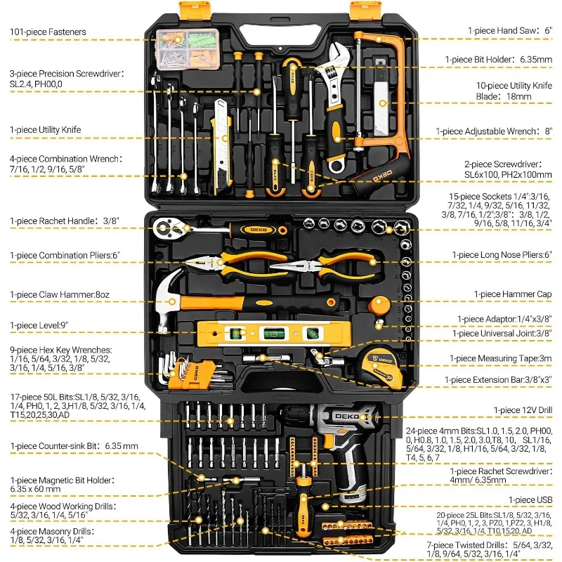 Tool Kit Box Drill Set：Home Mechanic Toolbox with 12V Power Cordless Drill Hand Repair Tools