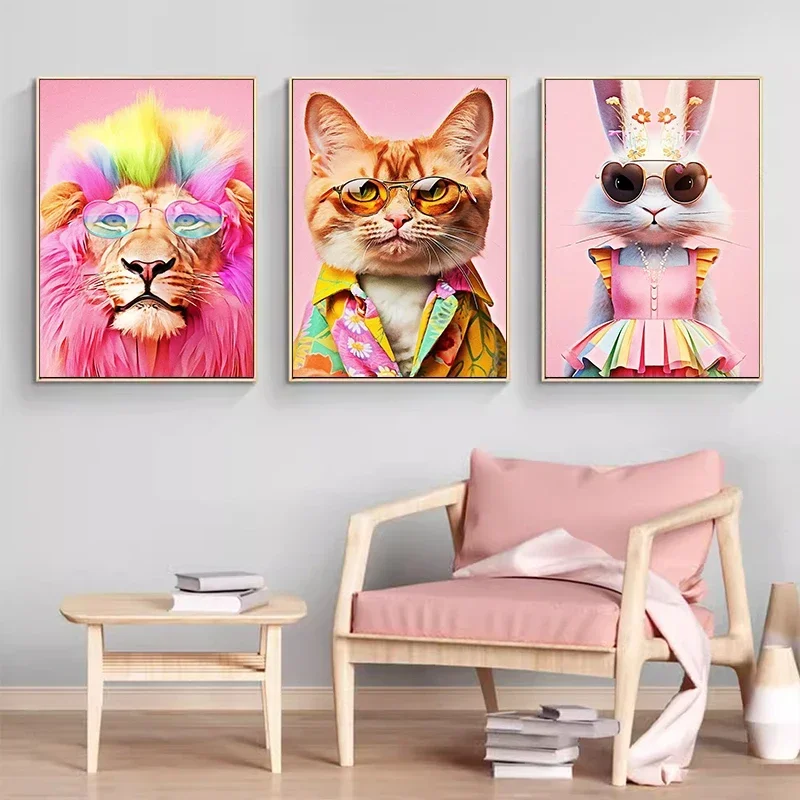 Modern Funny Animals Pop Art Poster Canvas Paintings And Prints Wall Art Lion Giraffe Portrait with Fashion Glasses  Home Decor