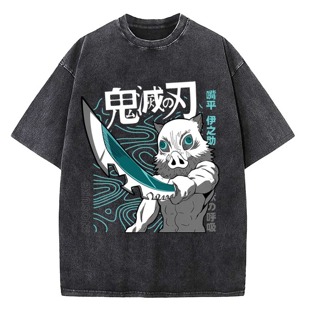 

Demon Slayer Inosuke Hashibira Beast Breathing Acid Wash Oversized Black T Shirt 2026 Summer Streetwear Anime Graphic Tee