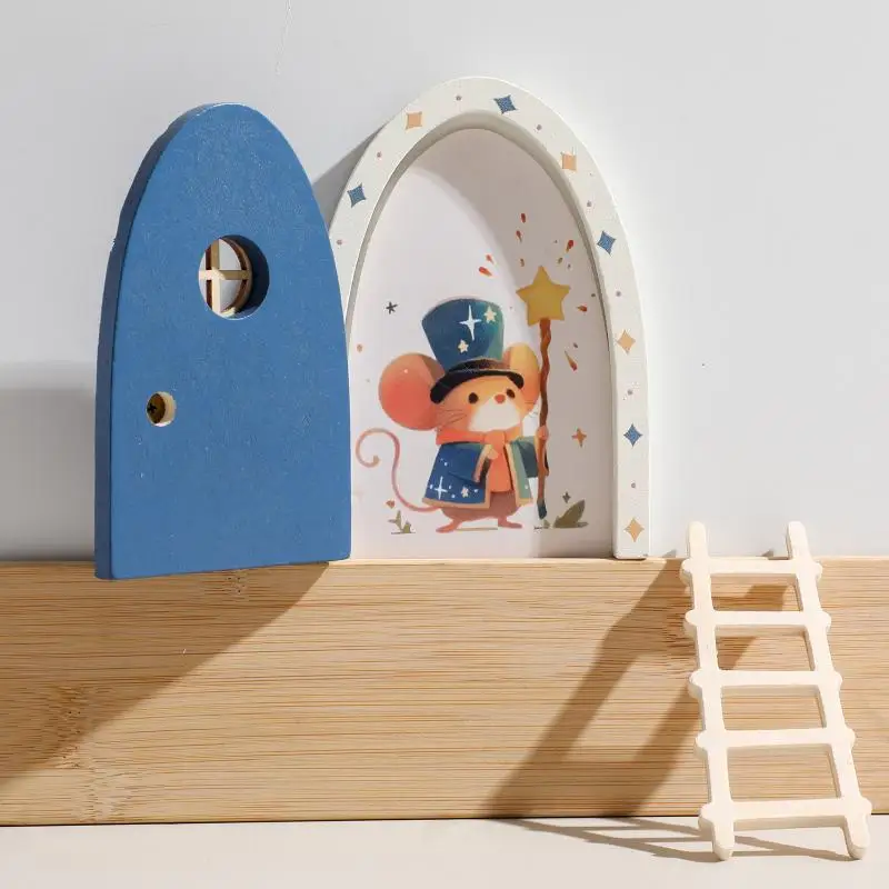 New Mini Creative Fairy Elf Door Wooden With Mini Ladders Funny Mouse Hole Nursery Decor Dollhouse Home Decorations