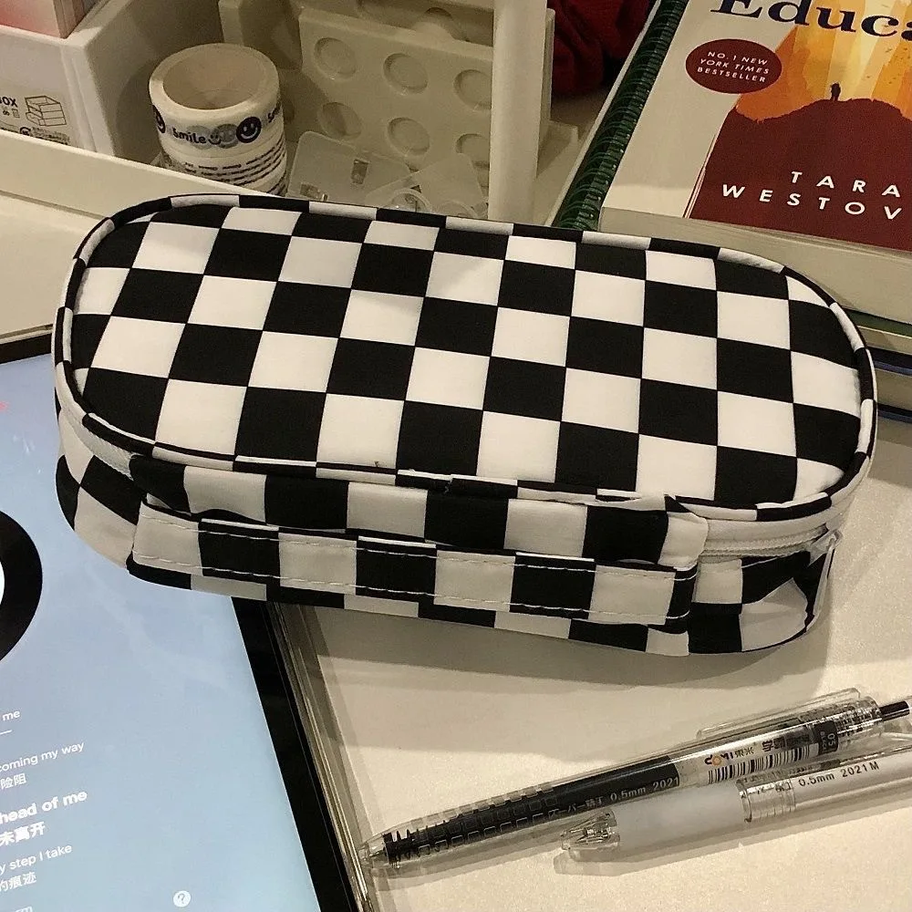 Kawaii Checkerboard Pencil Case Lattice Large Capacity Pencil Bag Stationery Storage Box  Korean Stationery School Office Supply