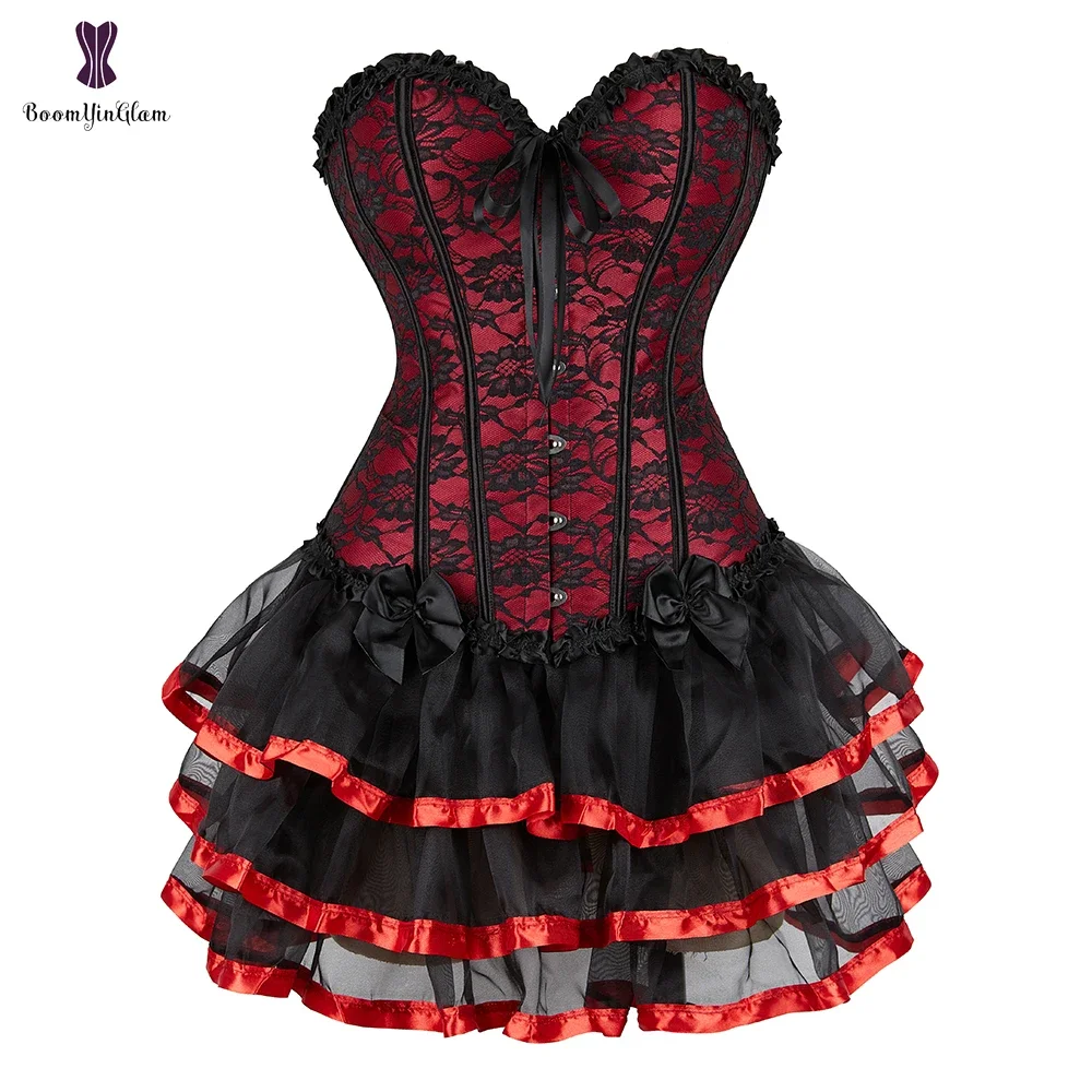 Vintage Corset Dress Overbust Bustier Top With Layered Mesh Skirt Clubwear Retro Costume