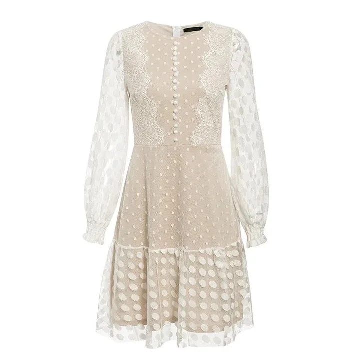 Nieuwe Witte Polka Dot Kant Gesplitst Ronde Hals Lange Mouw Ruche Manchet Midi Jurk Vrouwen Elegante Zoete Mode Jurk Vintage Stijl