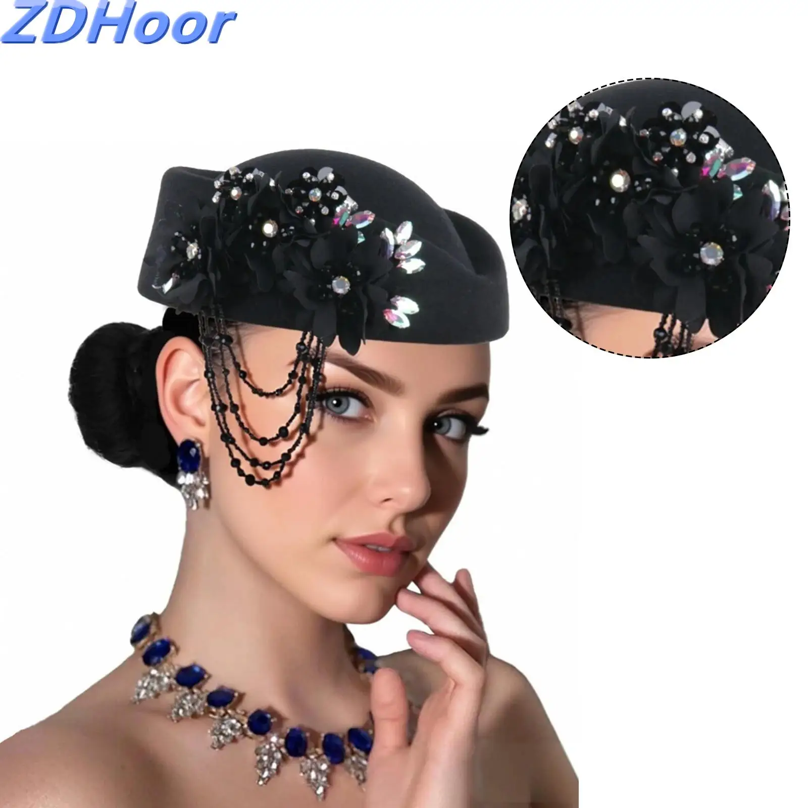

Women Retro Beret Hats Felt Church Derby Headdress Women Rhinestone Floral Hat Suitable for Wedding Parties Events