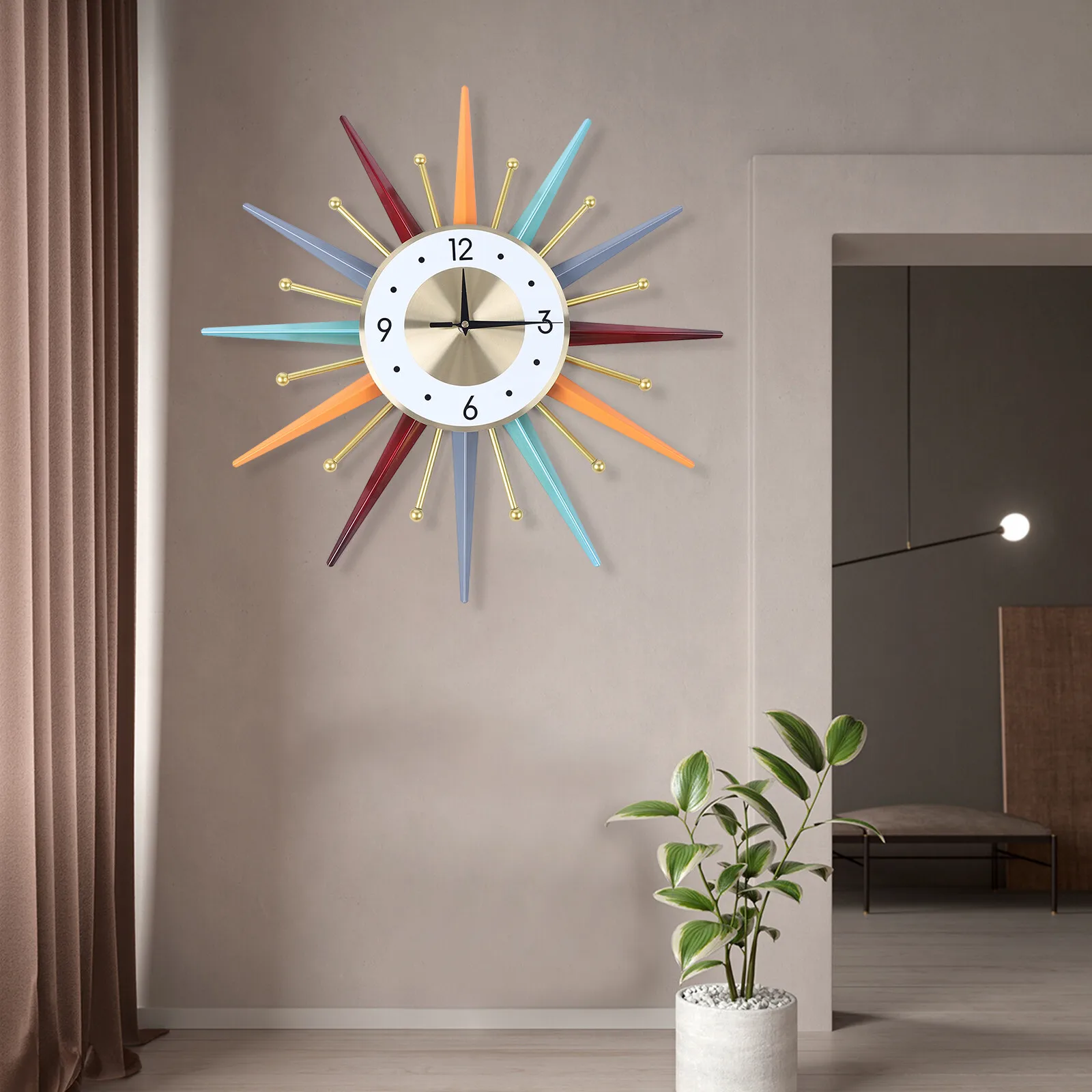 

Винтажные настенные часы Sunburst, большие 3D полые металлические часы диаметром 56 см с красочным дизайном для домашнего декора гостиной и настенного искусства