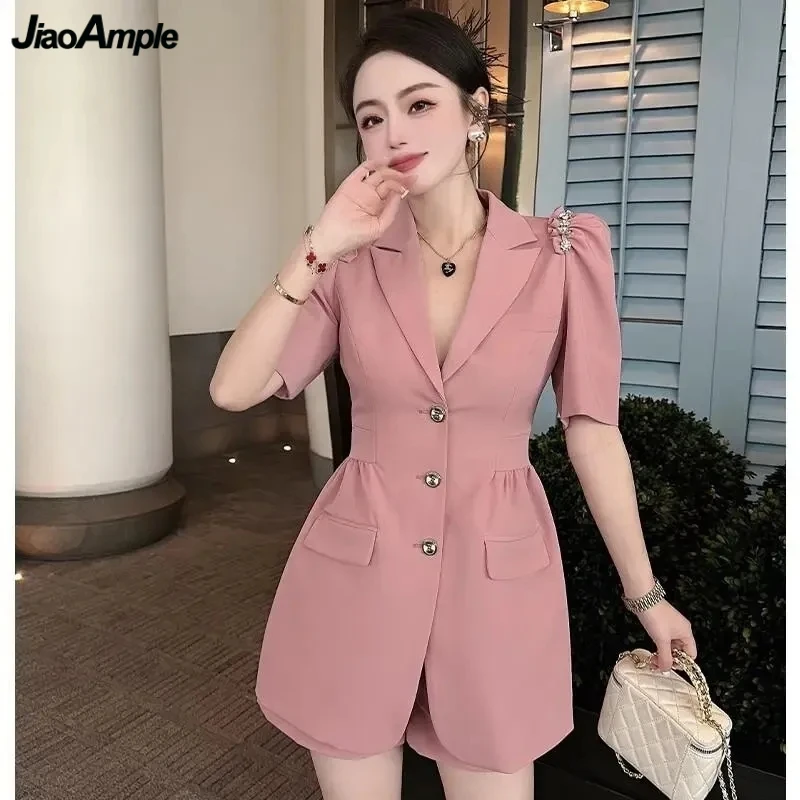 

Women Summer Slim Suit Jackets Shorts Two Piece Sets Korean Office Lady Blazers Pants Outfits 2024 Graceful Pink Workwear Female