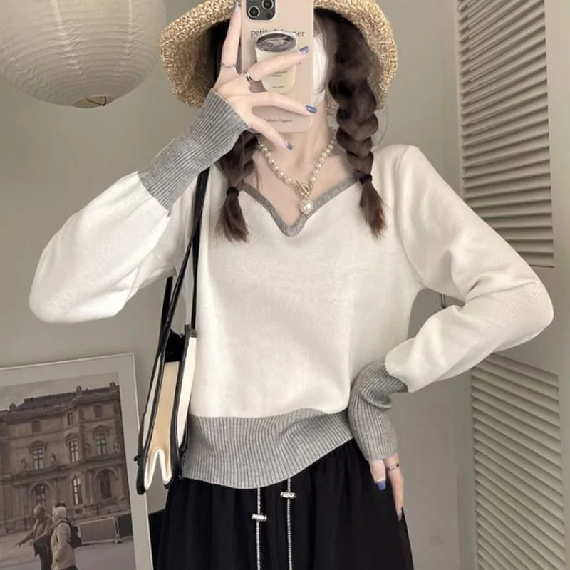 Fashion Color Matching Short Knitting Bottoming Shirt Women New Classic Long Sleeve Slim Autumn Casual All-match Lady Sweaters