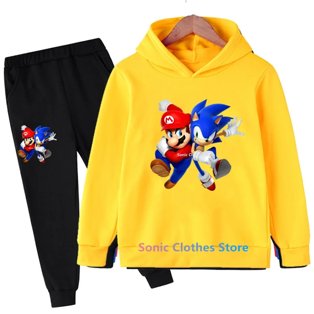 Nowe ubrania dla dzieci chłopcy dziewczęta Sonic bluza z kapturem zestaw 2 szt. Zestawy wiosna jesień maluch Cartoon z kapturem + spodnie dres 3-14y