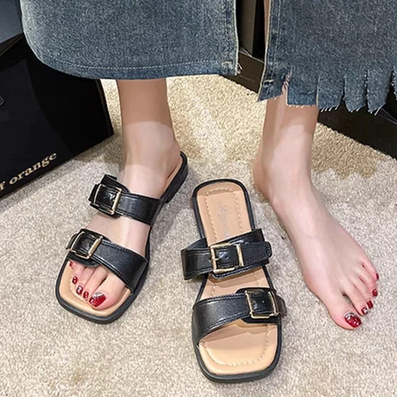 Elegant Women's Sandals Buckle Belt Square Toe Woman Slippers 2023 Summer Chunky Heels Ladies Slides Flip Flops Chaussure Femme