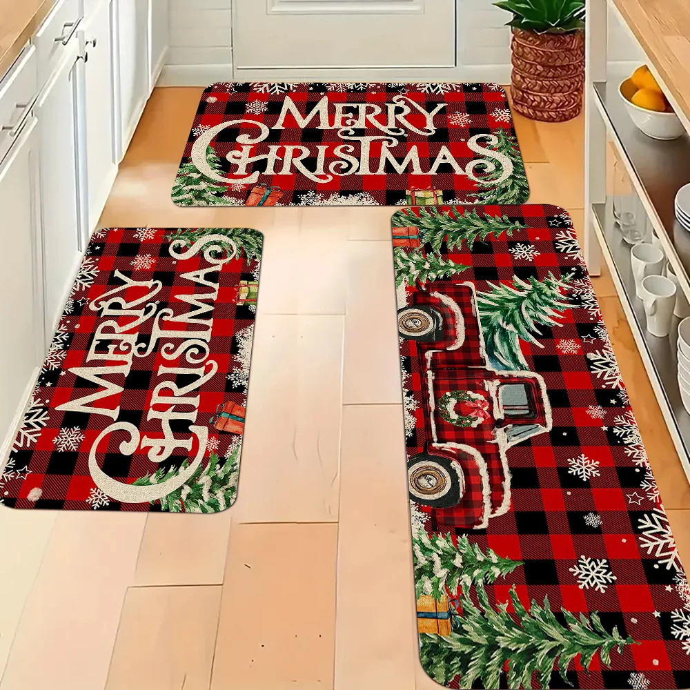 VIKAMA Set Christmas Kitchen Mats Non Slip Washable Red Black Plaid Xmas Truck Letter Snowflake Runners for Xmas Holiday Indoor